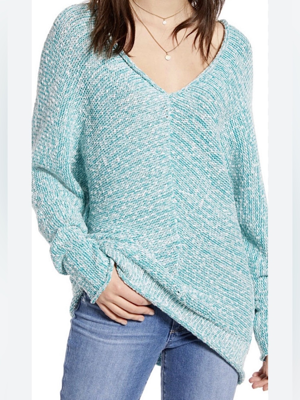 FREE PEOPLE Mint Green Marled V-Neck Oversized Sweater size medium